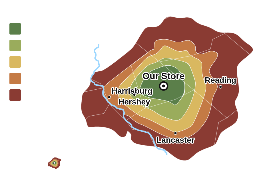 Delivery prices by area around our Lebanon, PA store. Outside the colored area, call (717) 273-9062 for a quote.